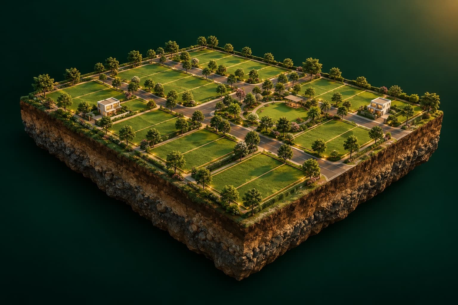 Architectural concept of tree-lined roads and open plots, presented with interactive visual depth